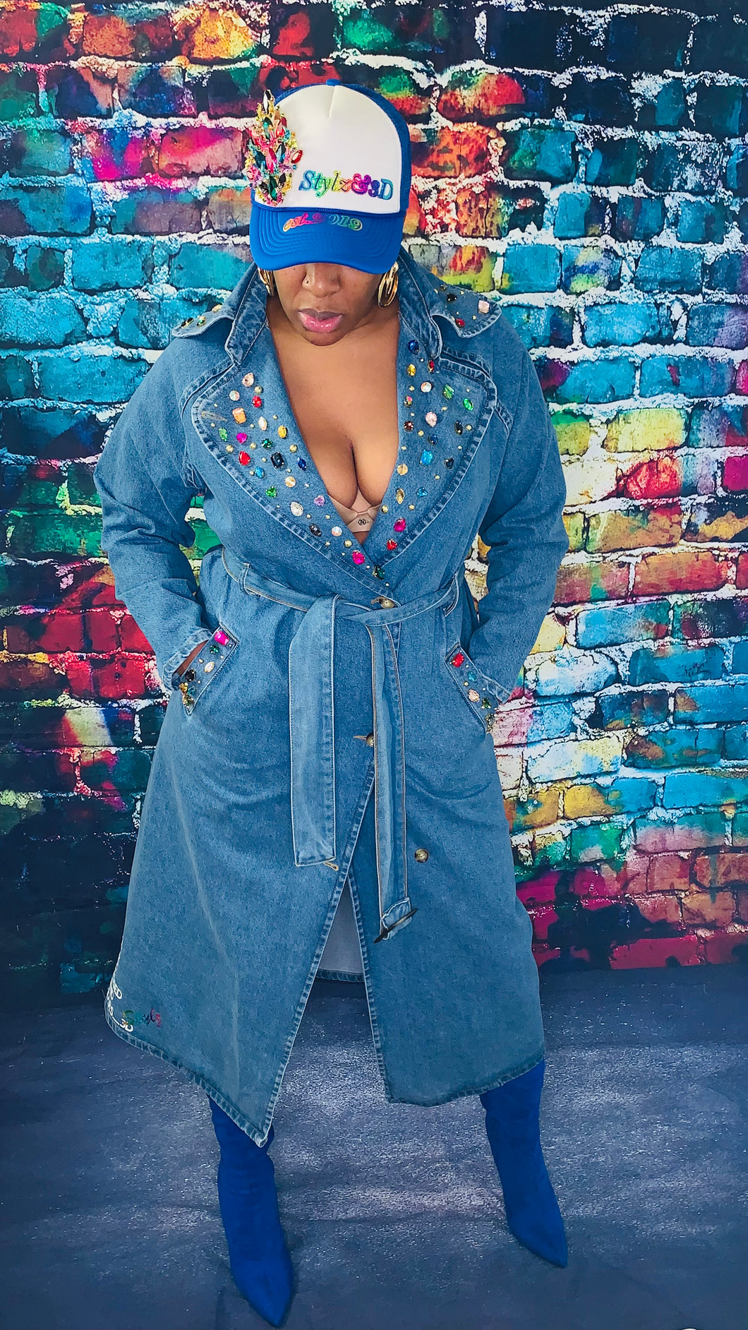 Rhinestone trench Denim Jacket